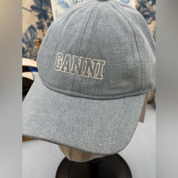 🆕 GANNI 🧿 NWT White Logo Embroidered Blue Denim Baseball Cap, Woman's Hat - Picture 8 of 14